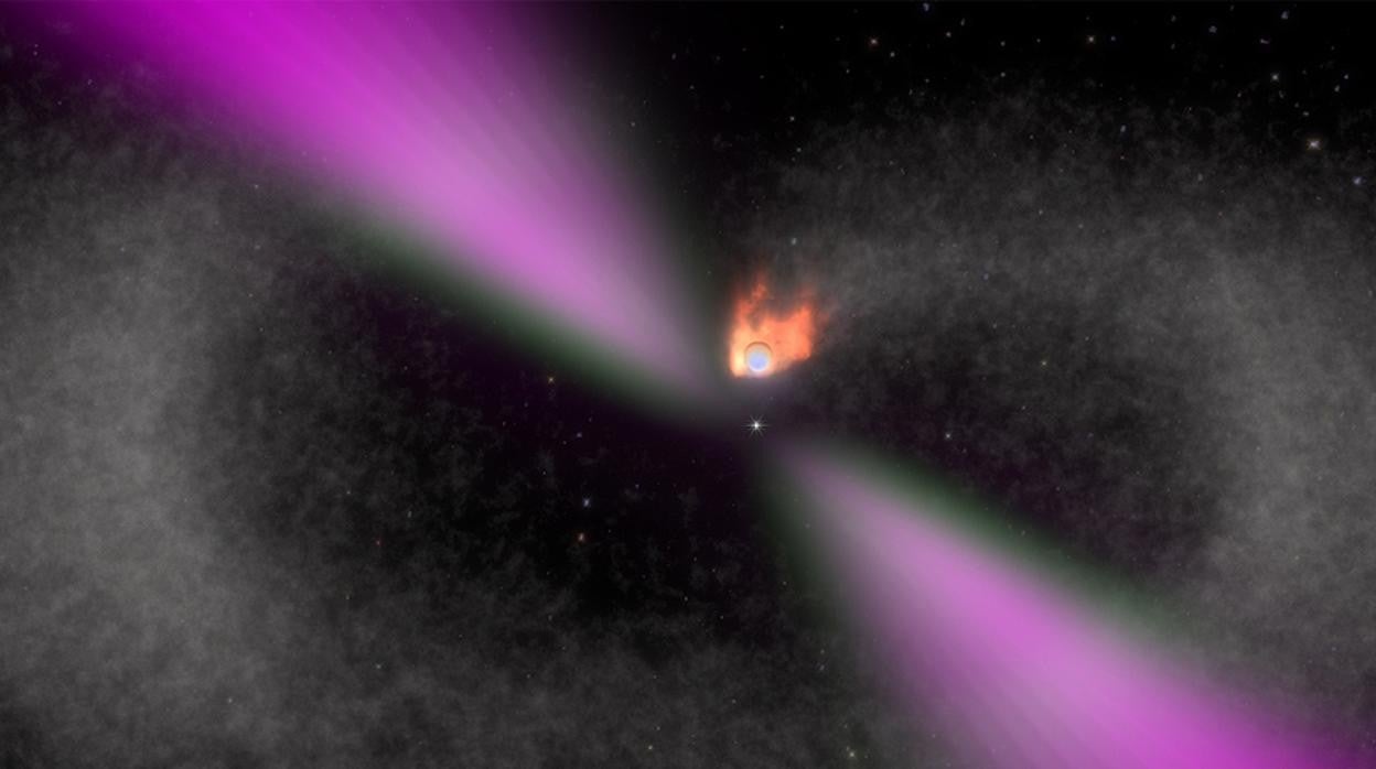 Ilustración de un púlsar 'viuda negra' y su compañera estelar. Las emisiones de rayos gamma del púlsar (magenta) calientan fuertemente el lado opuesto de la estrella (naranja). El púlsar está evaporando gradualmente a su compañera