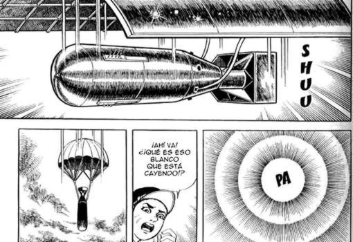 Viñeta que retrata el momento exacto del lanzamiento de la bomba atómica