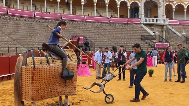 Dos jóvenes ensayan la suerte de varas en la Maestranza