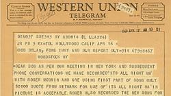 Telegrama de Peter Fonda y Dennis Hopper a Bob Dylan sobre el uso de la canción «It’s Alright, Ma (I’m Only Bleeding)» en la película «Easy Rider»