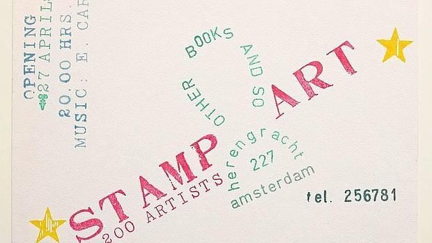 Invitación para la exposición «Stamp Art», organizada por Carrión en 1976