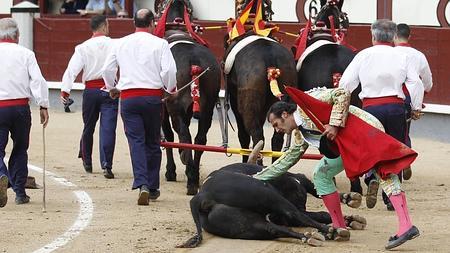 David Mora acaricia al toro Malagueño, premiado con la vuelta en el arrastre