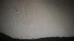 Grabado en en latín en una cueva, que reza: Dios hizo muchas cosas