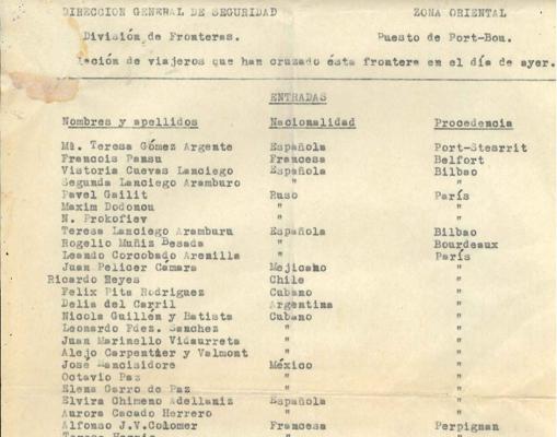 Lista de viajeros del 4 de julio de 1937 que entraron por Port-Bou: Neruda (Ricardo Reyes) y su pareja Delia del Carril, Octavio Paz....