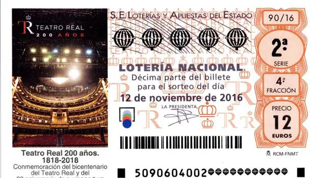 Décimo de lotería con la imagen del Teatro Real