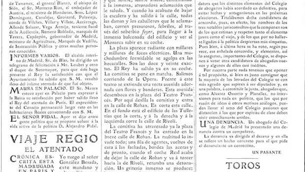 Detalle de la página del 2 de junio de 1905 de ABC, con la crónica retrasmitida por Azorín sobre el atentado a Alfonso XIII en París