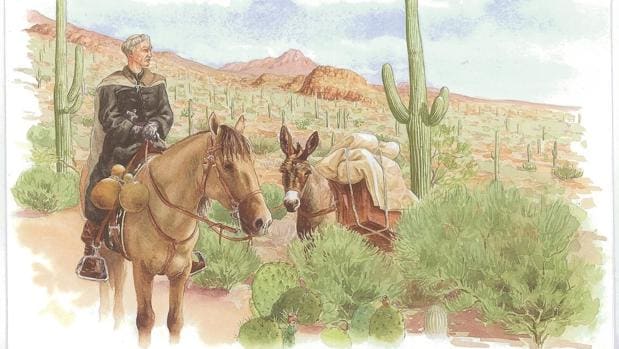 Kino viajaba a caballo, con una mula cargada de regalos