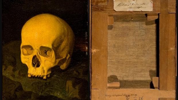 «Vanitas», atribuido a Dionisio Fierros y su reverso, con la inscripción: «Cráneo de Goya pintado por Fierros»