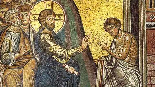 Mosaico de la catedral de Monreale (Sicilia) en el que Jesús cura a un leproso,(siglo XII)