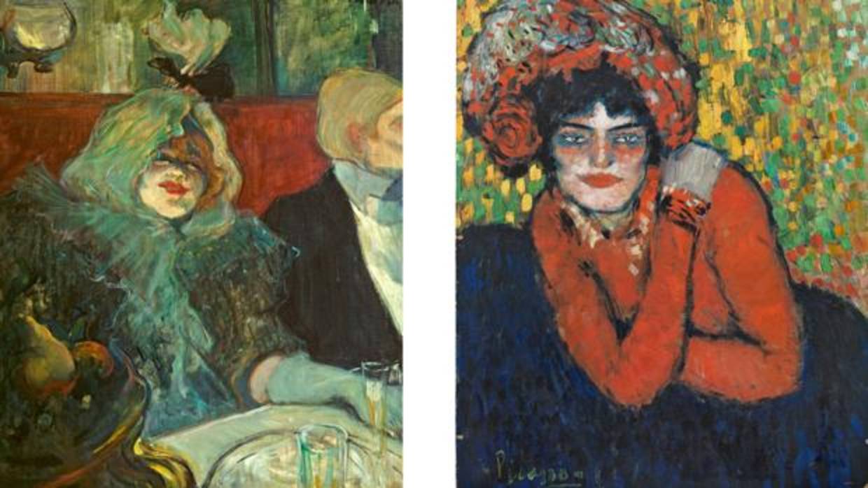 De izquierda a derecha, «En un reservado», de Toulouse-Lautrec, y «La espera (Margot)», de Picasso