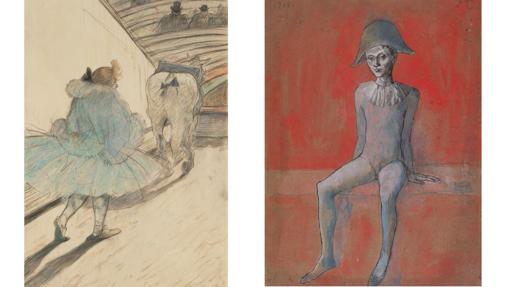 «En el circo: entrada en la pista», de Toulouse-Lautrec, y «Arlequín sentado», de Picasso