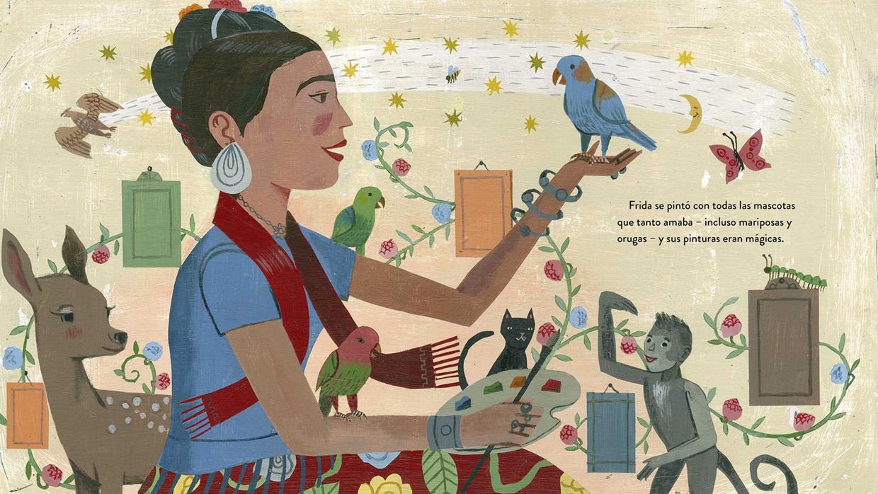 Ilustración de Frida Kahlo y sus animalitos»