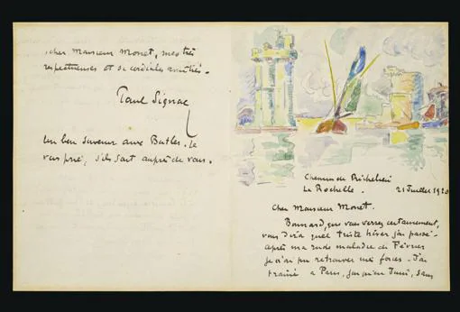 Carta manuscrita e ilustrada que Signac envía a Monet el 21 de julio de 1920 desde La Rochelle
