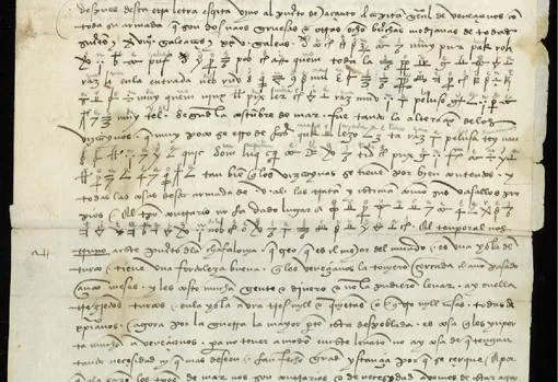 Una de las cartas codificadas del Gran Capitán, con anotaciones en lápiz que intentan resolver el código