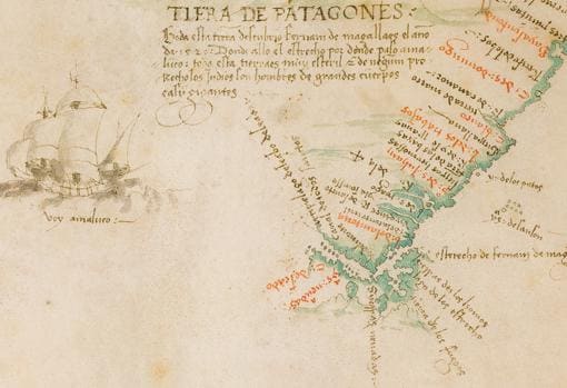 Mapa de Alonso de Chaves de 1533, con el estrecho de Magallanes y la nave que dice «Voy a Maluco»