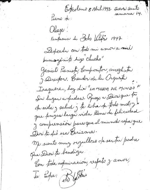 La carta que Bebo Valdés le eescribió a su hijo Chucho desde Suecia, en 1993