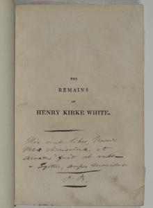 Primera página del libro sobre Henry Kirke White con la inscripción de Patrick Brontë