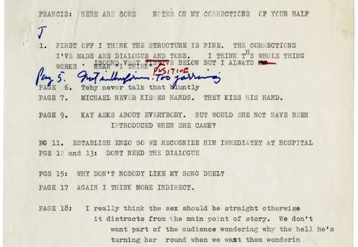 Correcciones al guion de «El Padrino» que el escritor estadounidense Mario Puzo envió al cineasta Francis Ford Copolla