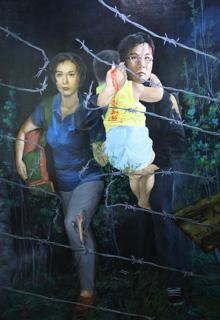 Hwang Yeong se retrata a sí mismo y a su familia cruzando una alambrada para huir de Corea del Norte