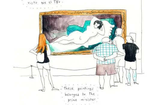 La ilustradora muestra a un grupo de turistas junto a la «maja» de Goya