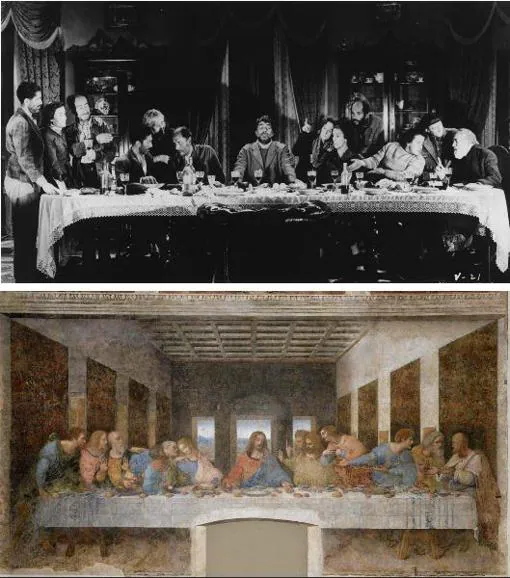 Arriba, la répicla de «La última cena» de Buñuel en «Viridiana». Debajo, el original de Leonardo da Vinci