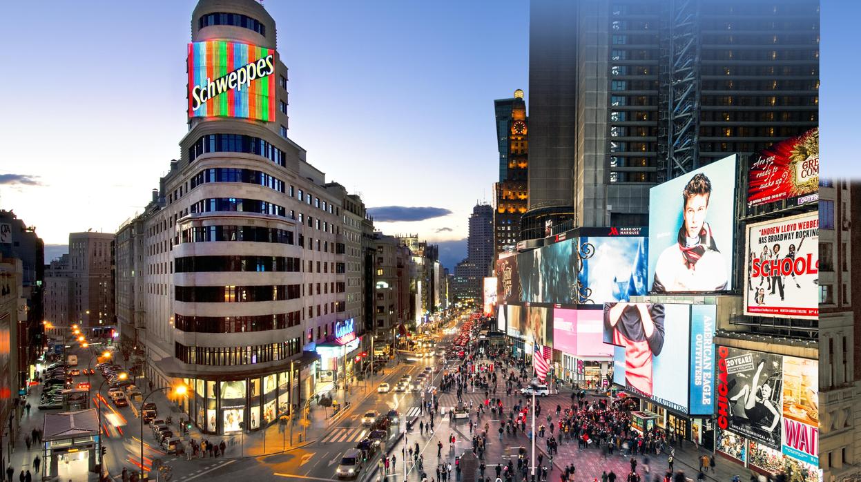 Montaje fotográfico que une la Gran Vía madrileña con Times Square en Nueva York