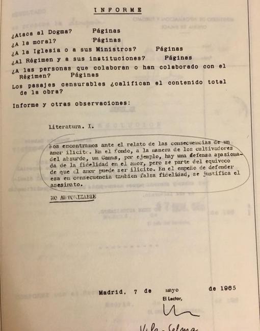 Una de las páginas del primer informe de censura, fechado en Madrid, el 7 de mayo de 1965