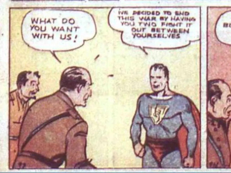 Viñetas de la primera aventura de Superman en julio de 1938, publicada en «Action Comics»