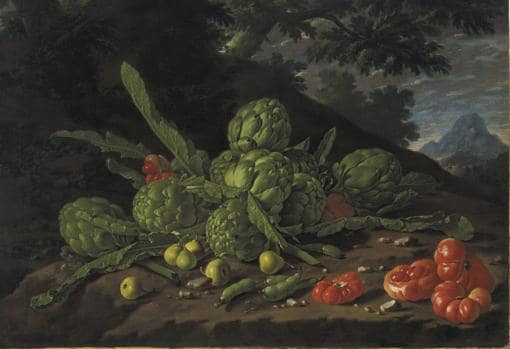 «Bodegón con alcachofas y tomate en un paisaje», de Luis Martínez
