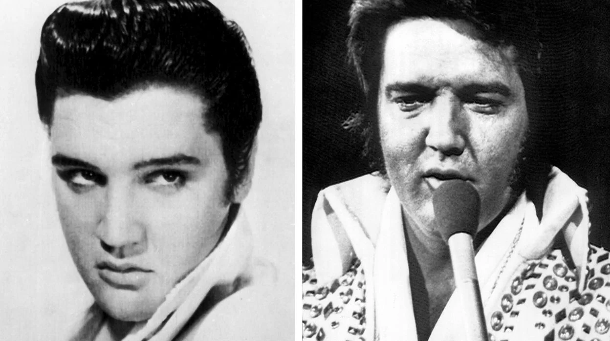 Combo de fotografías de Elvis, al comienzo de su carrera musical en 1956 (i), y durante una actuación en 1973