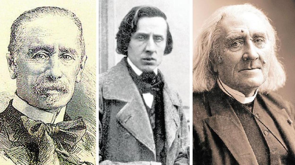 Siendo muy joven, Juan María Guelbenzu se traslada a París, donde traba amistad con Frédéric Chopin, Franz Liszt (en la imagen, los tres, de izquierda a derecha), Giacomo Meyerbeer y Sigismund Thalberg, virtuosos pianistas y compositores