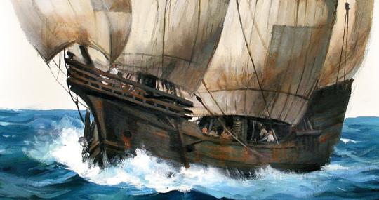 "Lo más peligroso fue la navegacón por el Índico". Detalle del boceto de la nNao Victoria de Augusto Ferrer-Dalmau