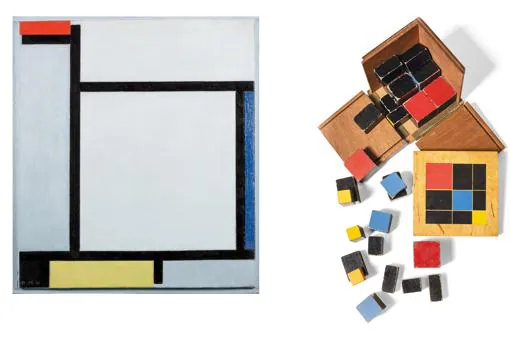A la izquierda, «Composición en rojo, azul, negro, amarillo y gris», de Mondrian (Gemeentemuseum, La Haya). A la derecha, bloques matemáticos de María Montessori para realizar ejercicios de psicoaritmética (Colección Juan Bordes).