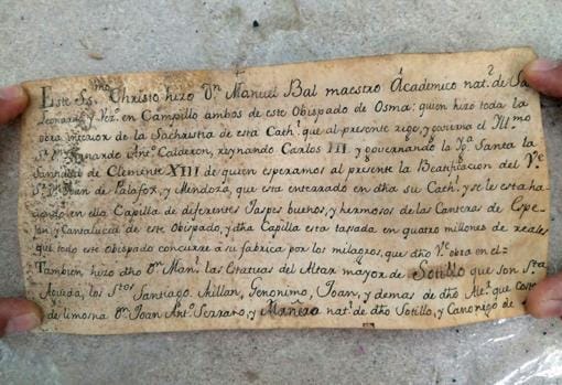 Documento hallado en el Cristo de Sotillo de la Ribera