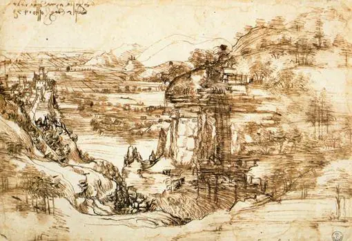 «Paesaggio», primer dibujo conocido de Leonardo, de 1473, cuyos análisis han descubierto que el artista era ambidiestro