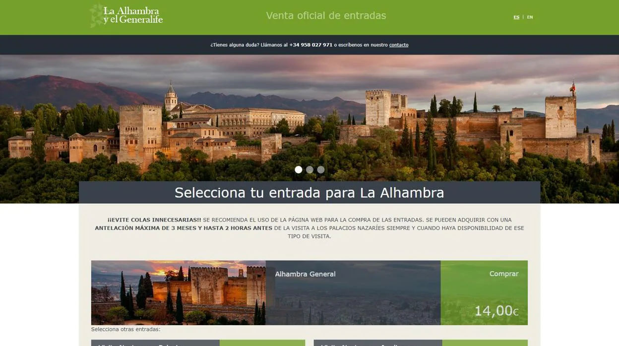 Visualización de la página web de La Alhambra y el Generalife