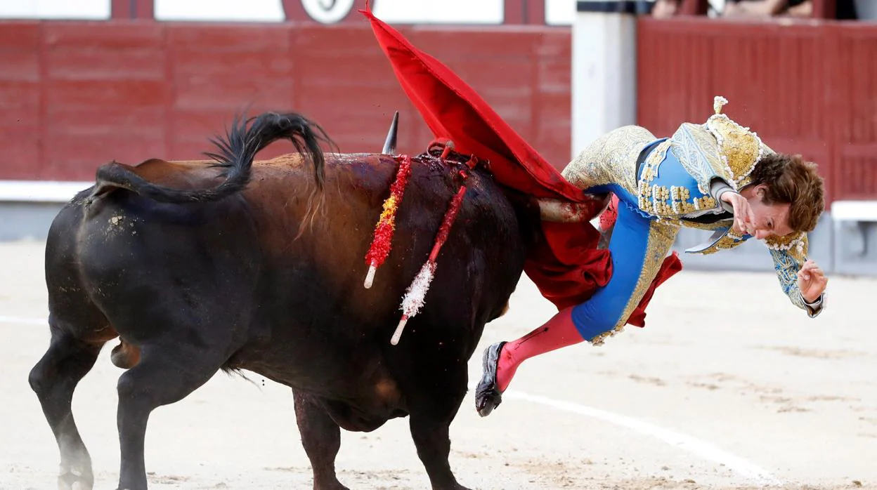 Momento en el que el toro «Santanero I» levanta por los aires a Román