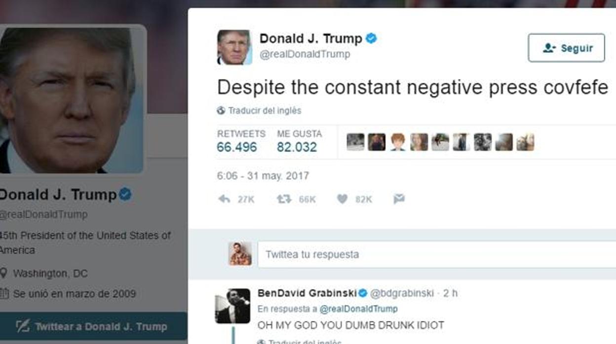 Tuit de Donald Trump en el que aparece la palabra inventada «covfefe»