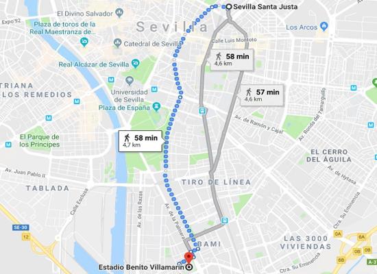 Recorrido a pie desde la estación de Santa Justa al Villamarín