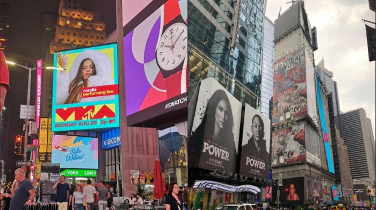 Imágenes de Rosalía y la obra de Domingo Zapata en Times Square (Nueva York)