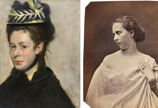 A la izquierda, «Busto de mujer con sombrero de plumas», de Degas, h. 1887-1890. A la derecha, «Madame Audouard», de Félix Nadar, 1854-70