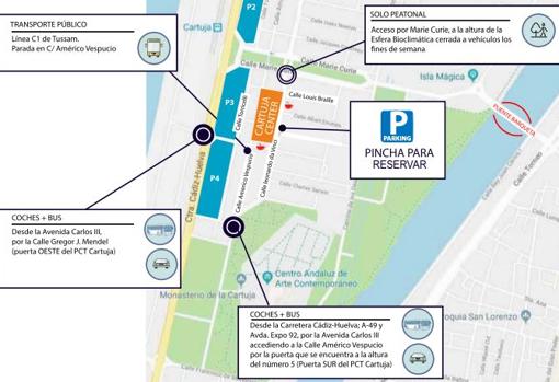 Mapa de los accesos al Cartuja Center