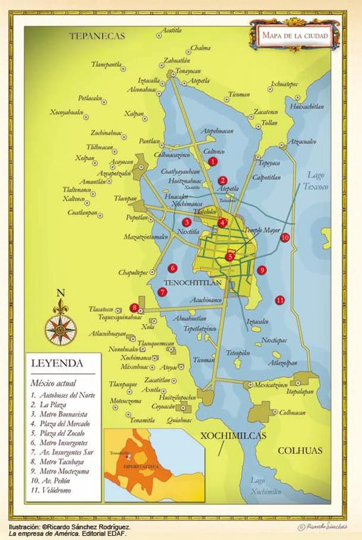 Plano de Tenochtitlanm, la ciudad lacustre, con referencias del metro actual