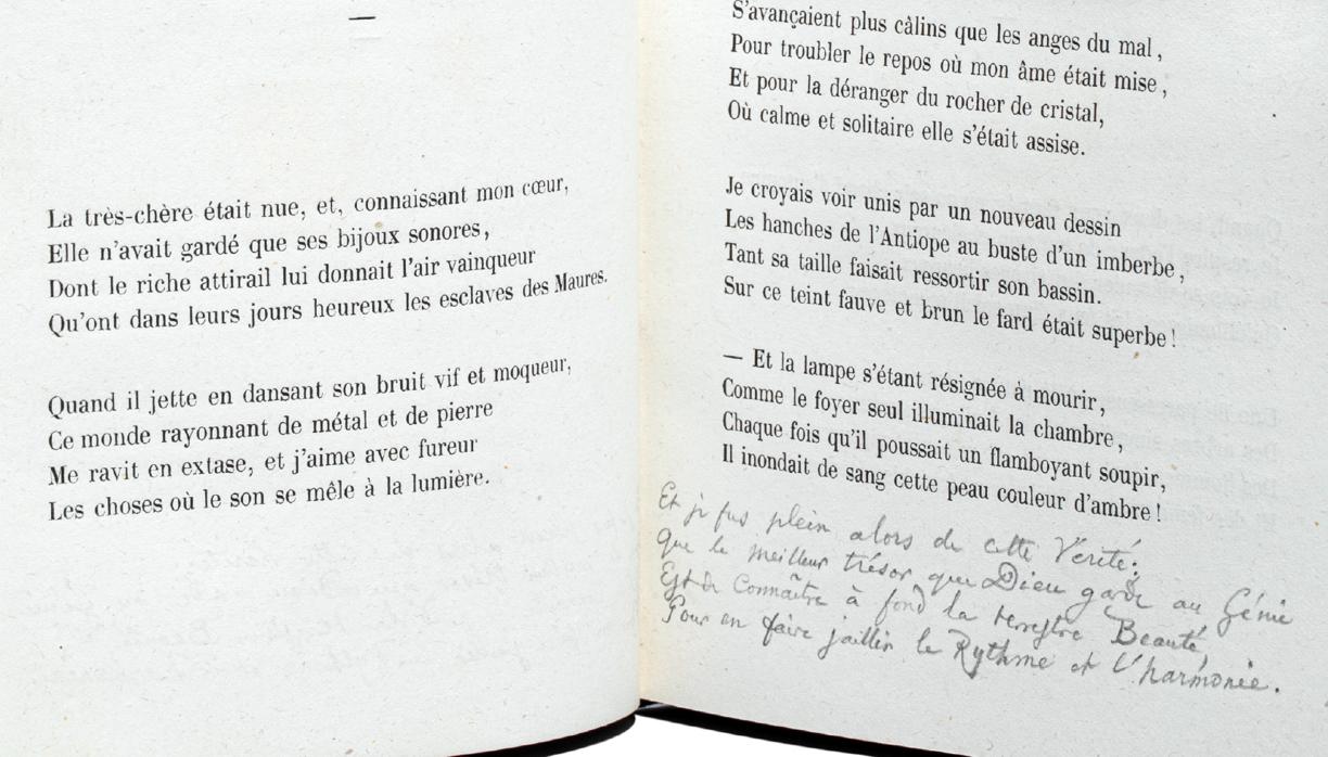 La estrofa, escrita a mano, en el poema «Las joyas»