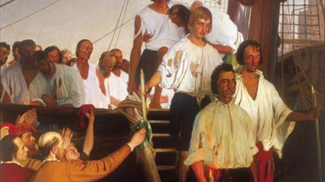 Juan Sebastián Elcano y su tripulación a su llegada a Sevilla tras completar la vuelta al mundo. Detalle del cuadro de Elías Salaverría