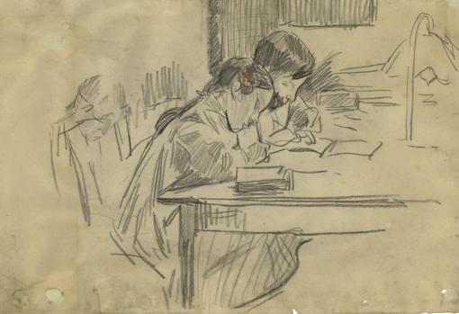 «Joaquín y Elena estudiando» (ca. 1905). Carboncillo y lápiz rojo sobre papel continuo