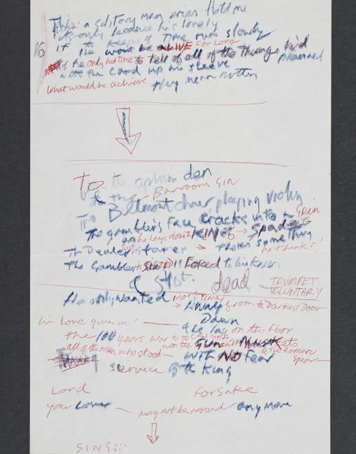 La letra de «The Card Cheat», escrita a mano por Joe Strummer y Mick Jones