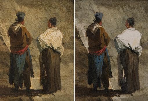 Detalle de personajes antes (izquierda) y después (derecha) de la restauración del cuadro