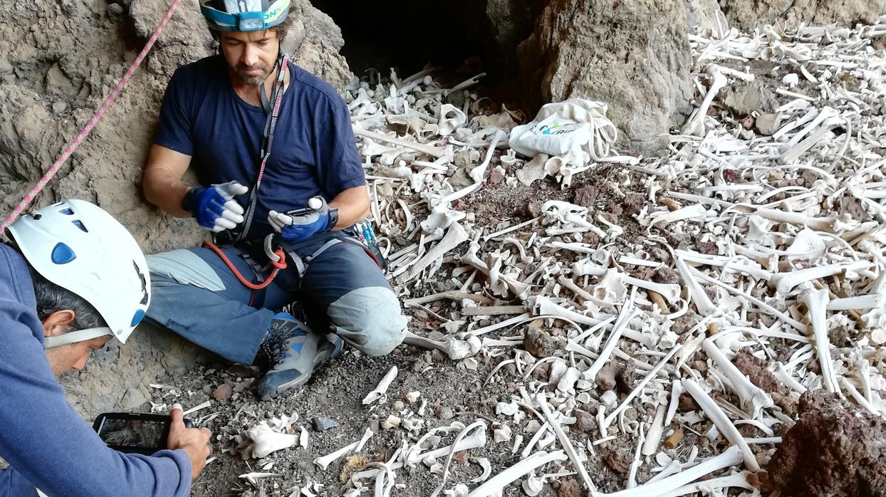 Foto facilitada por el Cabildo de Gran Canaria del enterramiento prehispánico descubierto el verano pasado en una cueva inaccesible del barranco de Guayadeque