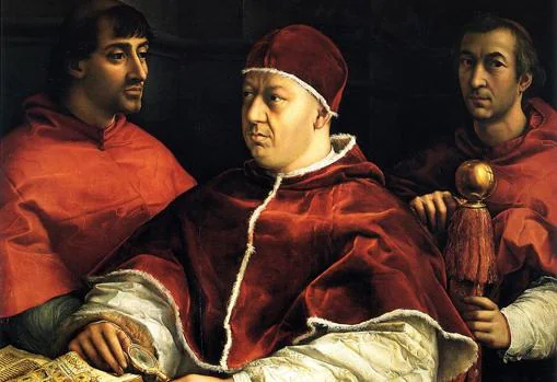 Detalle de "León X junto a los cardenales Giulio de Médicis y Luigi dei Rossi", de Rafael